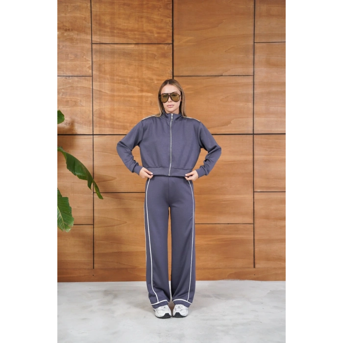 Biye Detaylı Fermuarlı Eşofman Takımı Gri