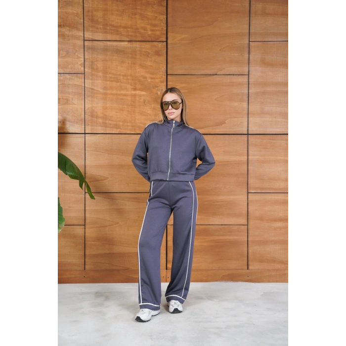 Biye Detaylı Fermuarlı Eşofman Takımı Gri