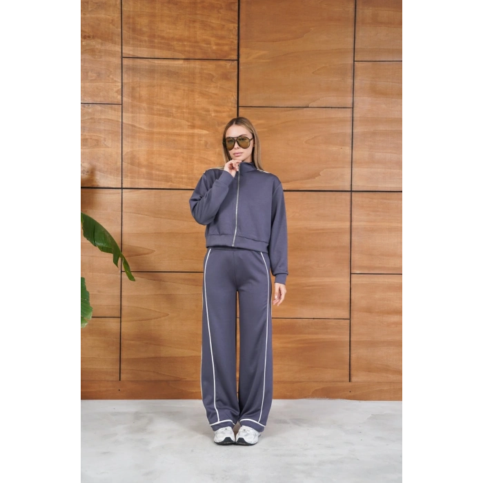 Biye Detaylı Fermuarlı Eşofman Takımı Gri