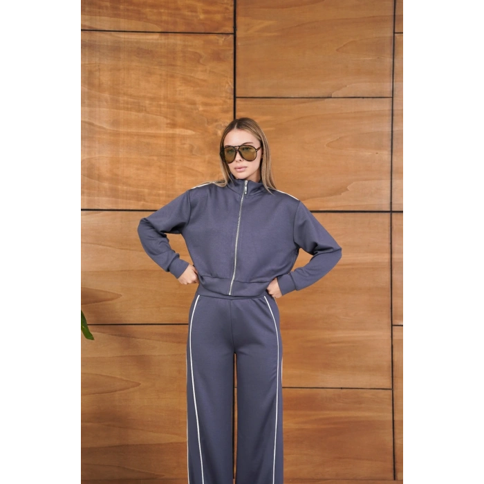 Biye Detaylı Fermuarlı Eşofman Takımı Gri