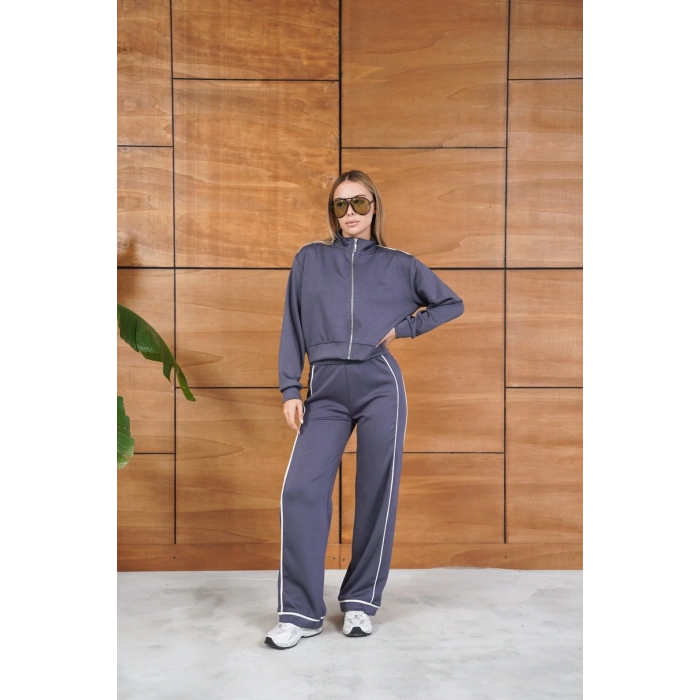 Biye Detaylı Fermuarlı Eşofman Takımı Gri