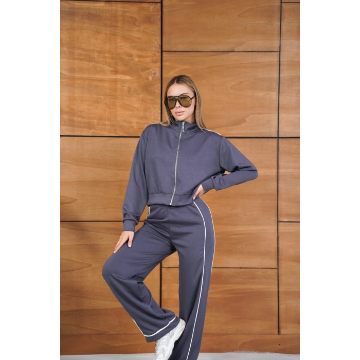 Biye Detaylı Fermuarlı Eşofman Takımı Gri