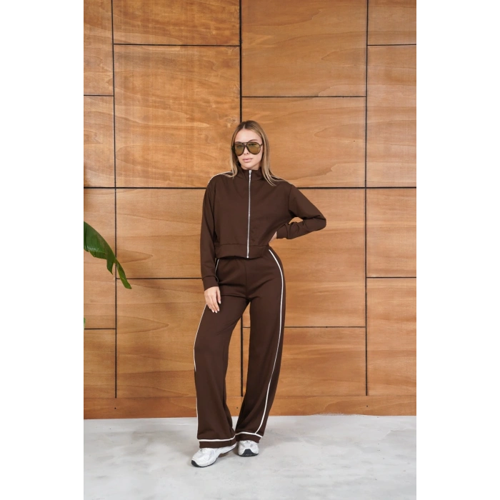 Biye Detaylı Fermuarlı Eşofman Takımı Kahverengi