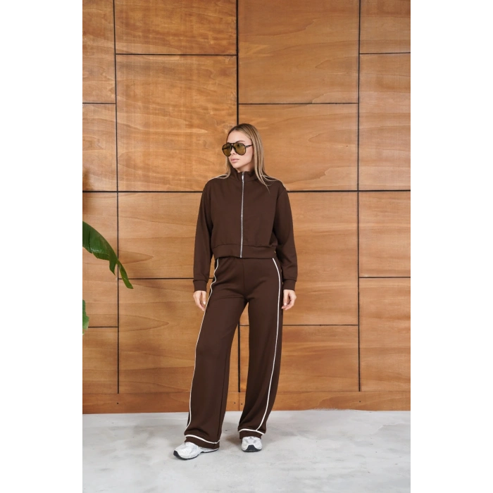 Biye Detaylı Fermuarlı Eşofman Takımı Kahverengi