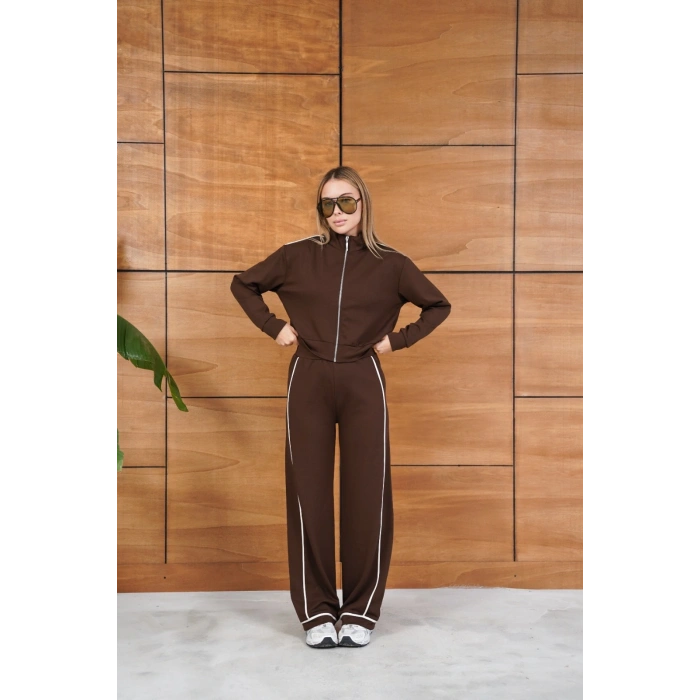 Biye Detaylı Fermuarlı Eşofman Takımı Kahverengi