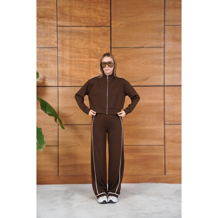 Biye Detaylı Fermuarlı Eşofman Takımı Kahverengi