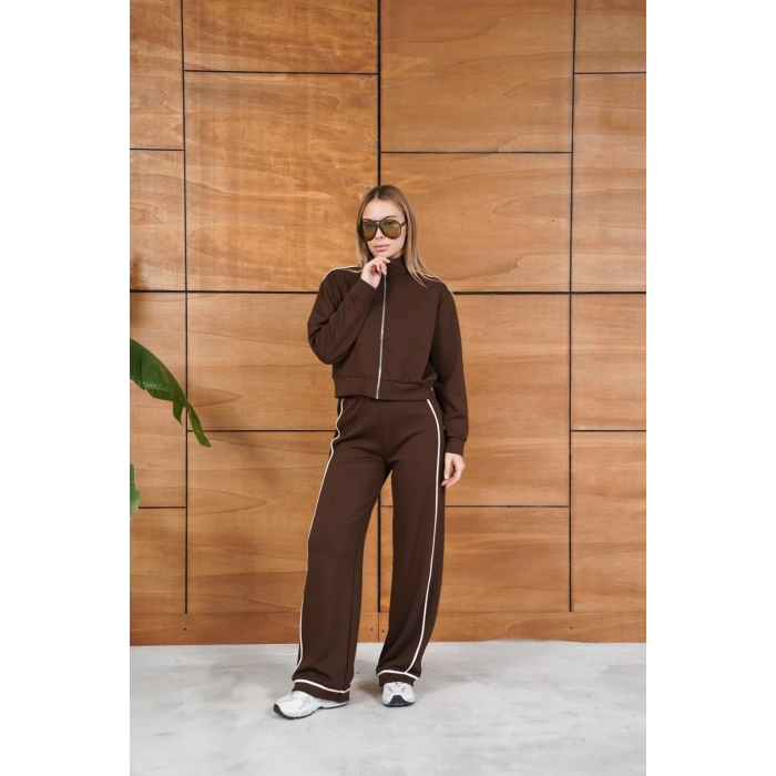 Biye Detaylı Fermuarlı Eşofman Takımı Kahverengi