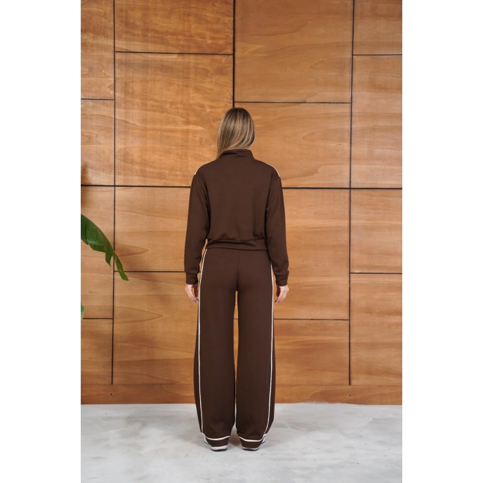 Biye Detaylı Fermuarlı Eşofman Takımı Kahverengi