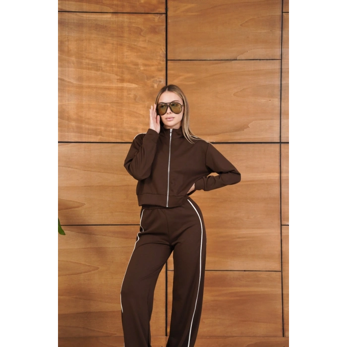 Biye Detaylı Fermuarlı Eşofman Takımı Kahverengi