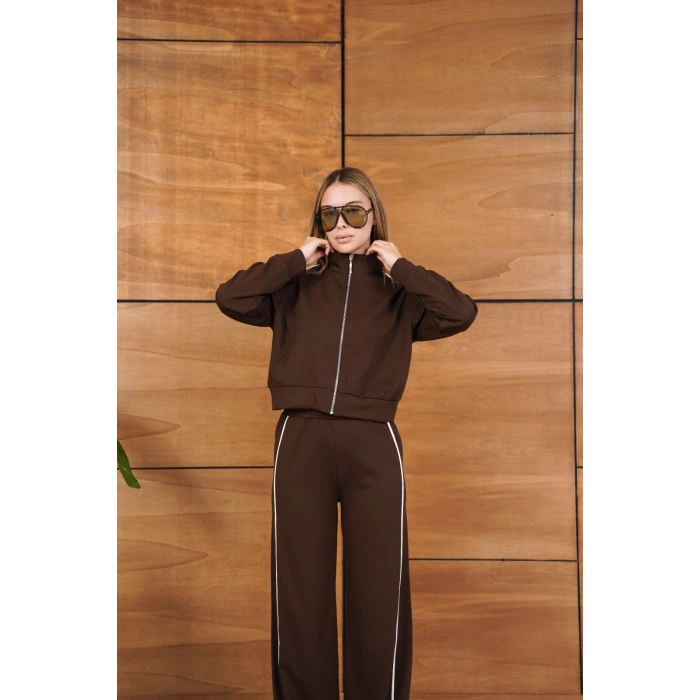 Biye Detaylı Fermuarlı Eşofman Takımı Kahverengi