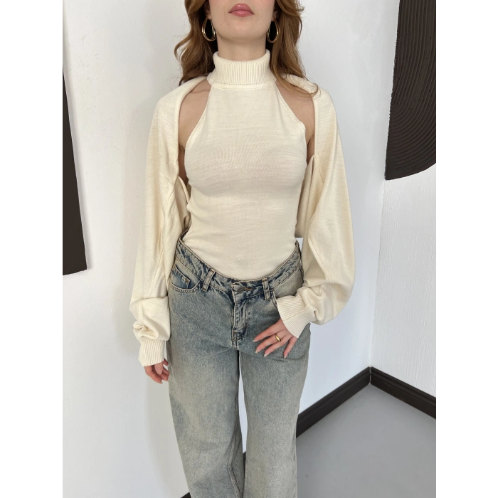 Bolero Detaylı Triko Takım Bej