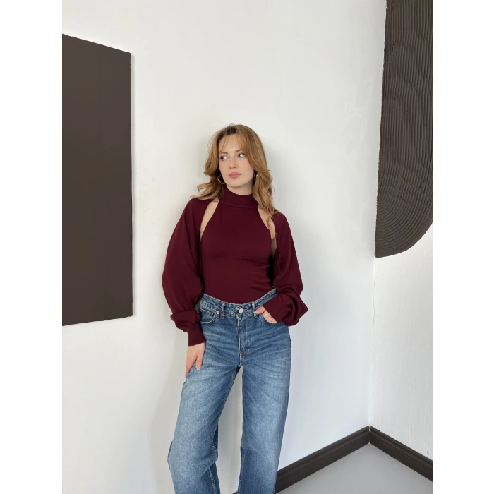 Bolero Detaylı Triko Takım Bordo
