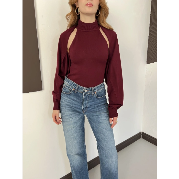 Bolero Detaylı Triko Takım Bordo
