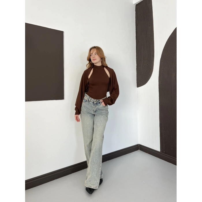 Bolero Detaylı Triko Takım Kahve