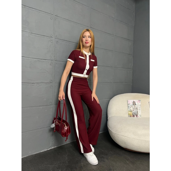 Bomber Düğme Detay Takım Bordo