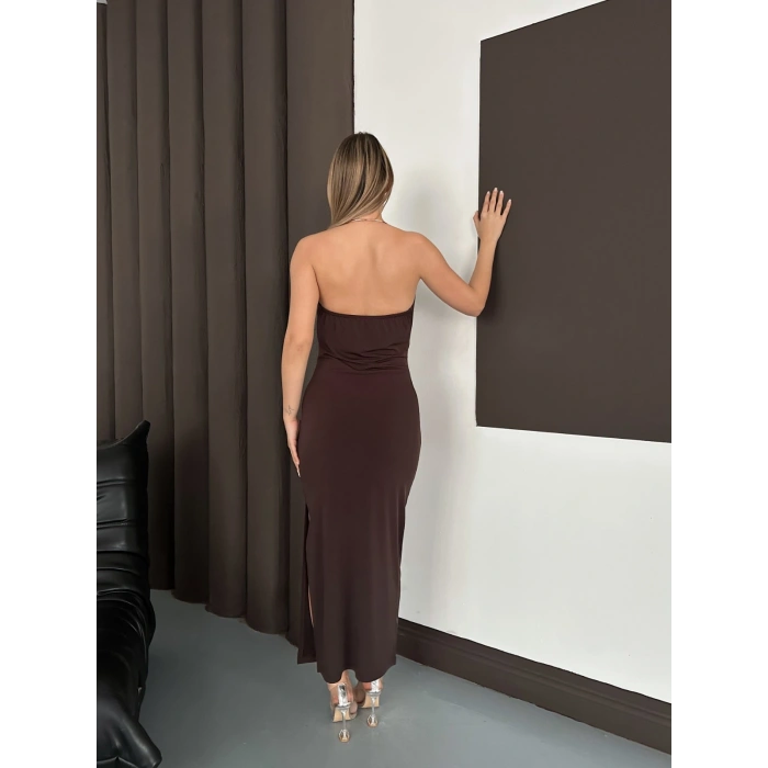 Boyun Eksesuar Detaylı Sandy Dekolte Elbise Acı Kahve