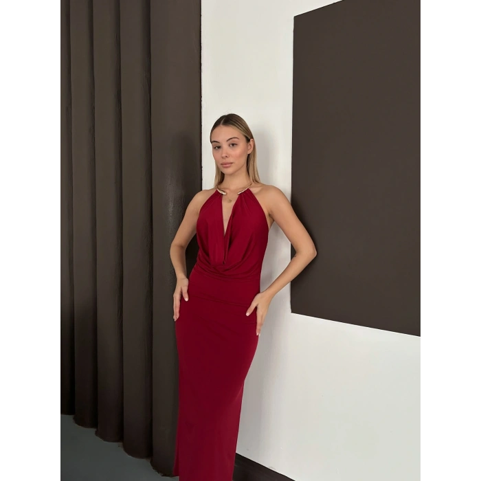 Boyun Eksesuar Detaylı Sandy Dekolte Elbise Bordo