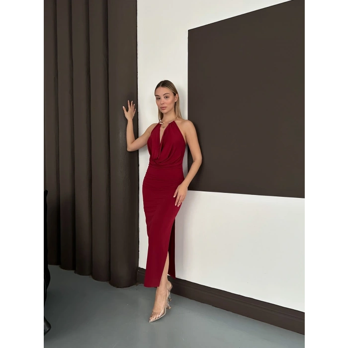 Boyun Eksesuar Detaylı Sandy Dekolte Elbise Bordo