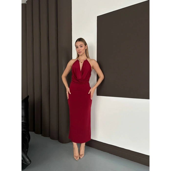 Boyun Eksesuar Detaylı Sandy Dekolte Elbise Bordo