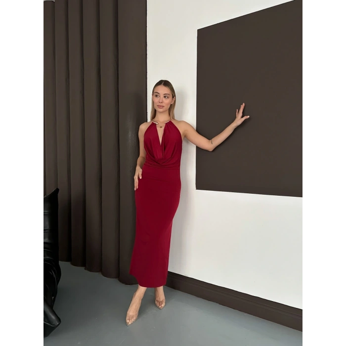 Boyun Eksesuar Detaylı Sandy Dekolte Elbise Bordo