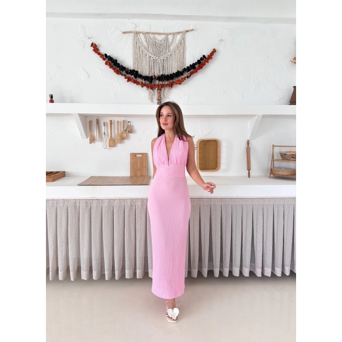 Boyundan Bağlamalı Gofre Elbise Pembe