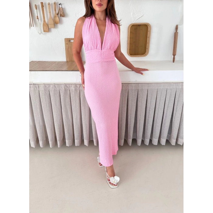 Boyundan Bağlamalı Gofre Elbise Pembe