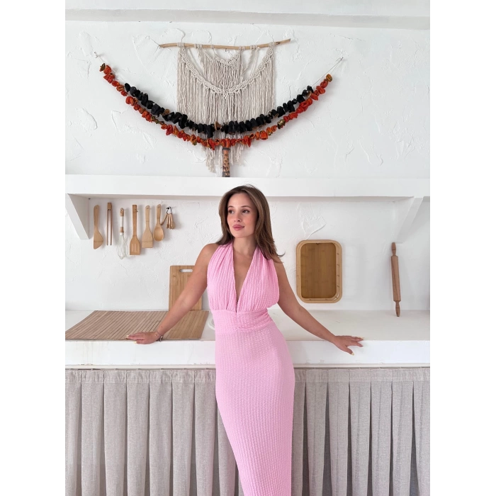 Boyundan Bağlamalı Gofre Elbise Pembe