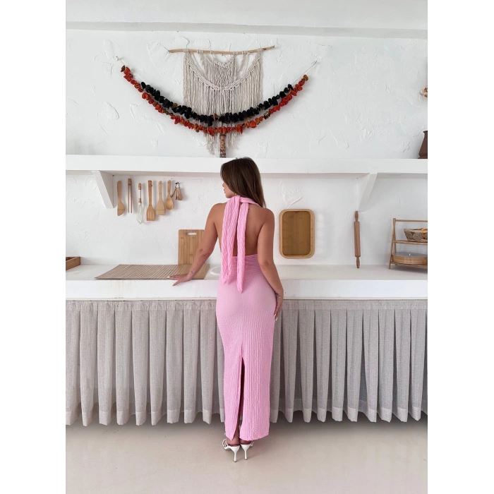 Boyundan Bağlamalı Gofre Elbise Pembe
