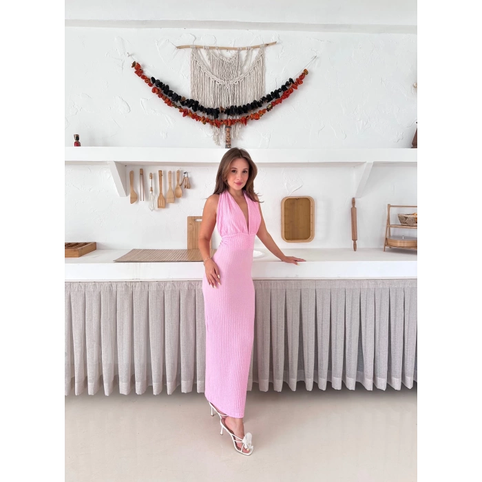 Boyundan Bağlamalı Gofre Elbise Pembe