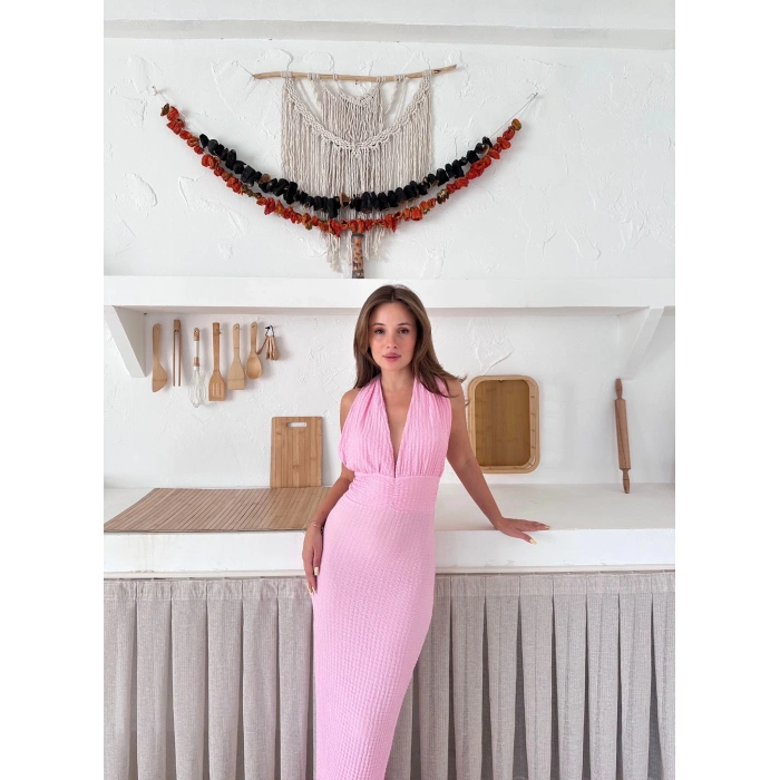 Boyundan Bağlamalı Gofre Elbise Pembe