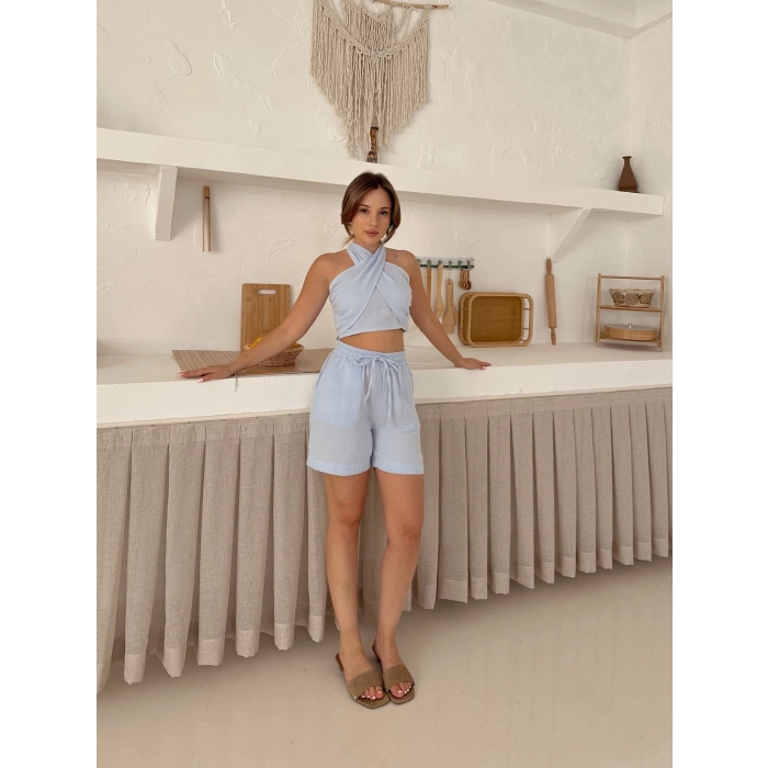 Boyundan Bağlamalı Keten Şortlu Takım Bebe Mavisi