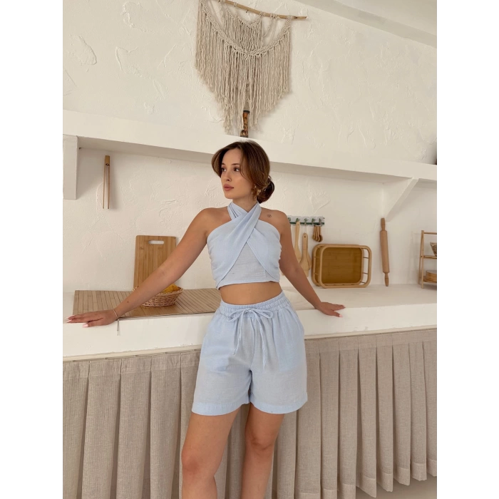 Boyundan Bağlamalı Keten Şortlu Takım Bebe Mavisi