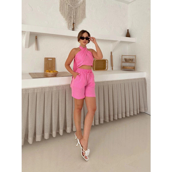 Boyundan Bağlamalı Keten Şortlu Takım Pembe