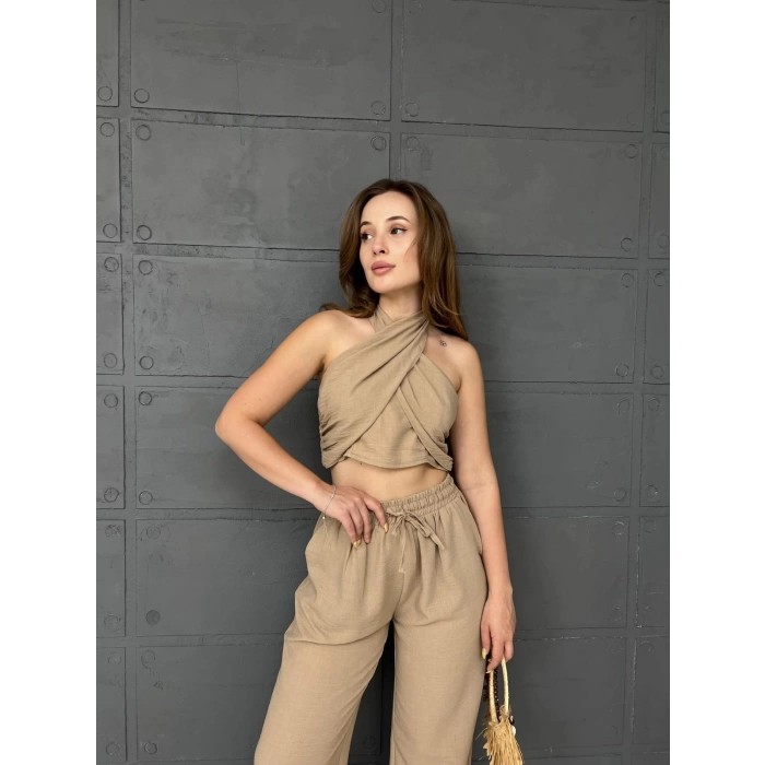 Boyundan Bağlamalı Keten Takım Bej