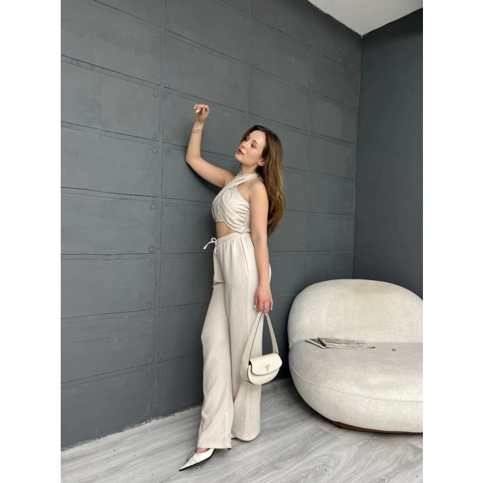 Boyundan Bağlamalı Keten Takım Krem