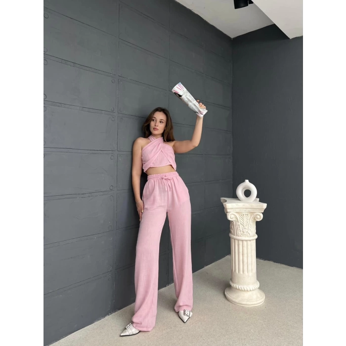 Boyundan Bağlamalı Keten Takım Pembe
