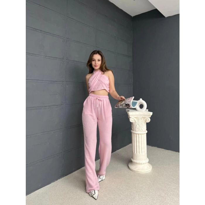 Boyundan Bağlamalı Keten Takım Pembe