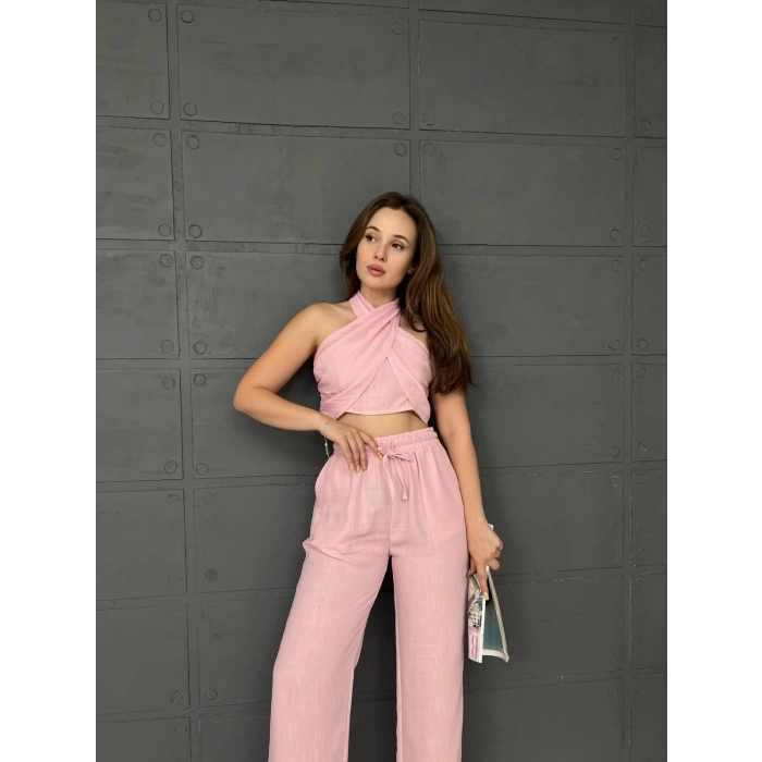 Boyundan Bağlamalı Keten Takım Pembe