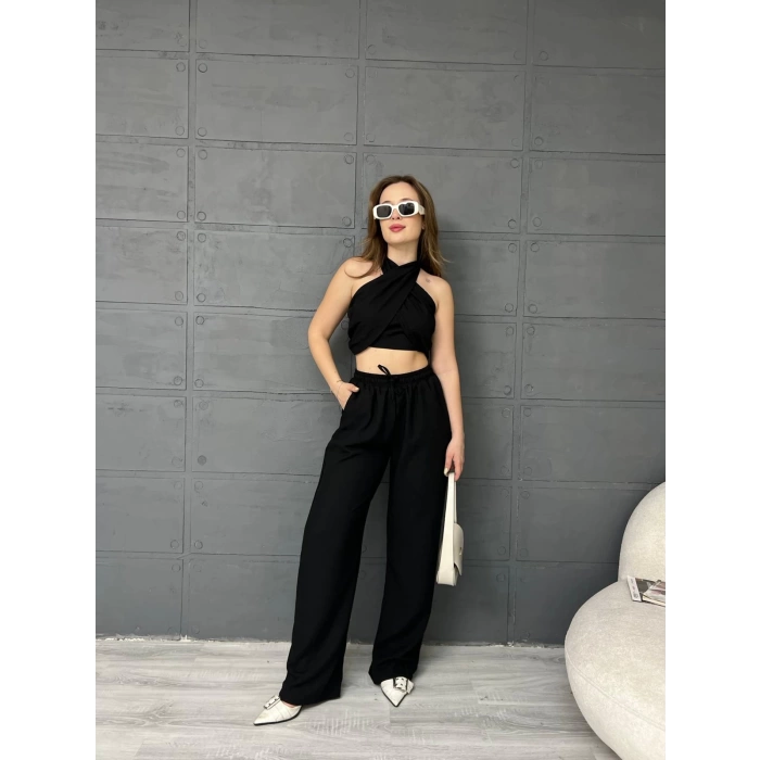 Boyundan Bağlamalı Keten Takım Siyah