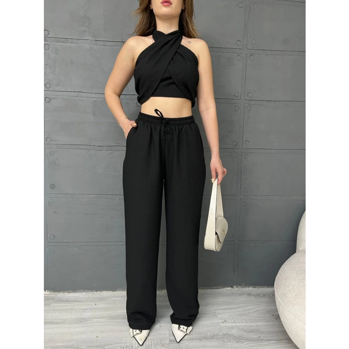 Boyundan Bağlamalı Keten Takım Siyah