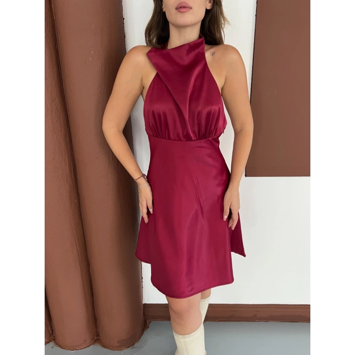 Boyundan Bağlamalı Saten Mini Elbise Bordo