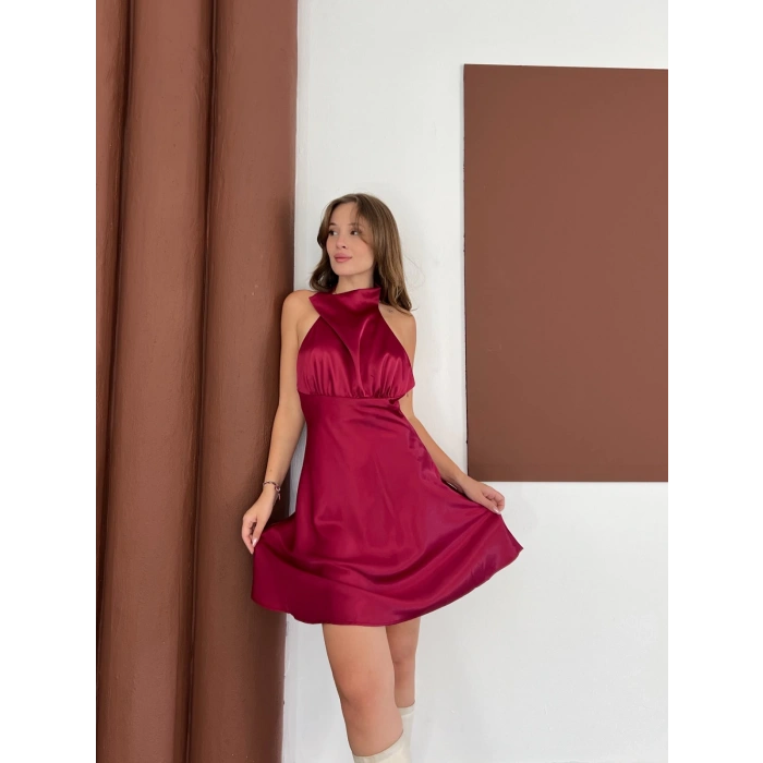 Boyundan Bağlamalı Saten Mini Elbise Bordo