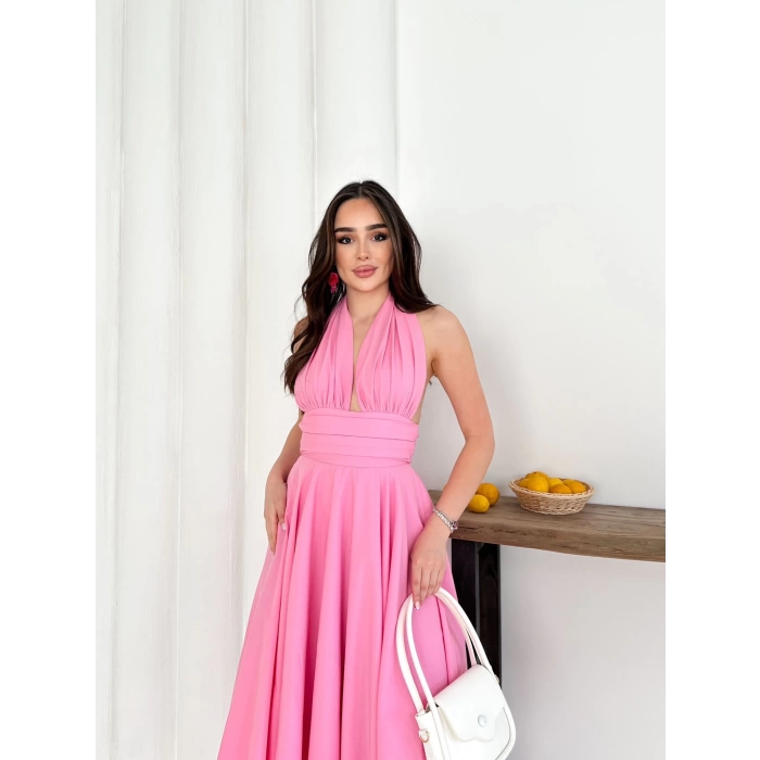 Boyundan Bağlamalı Sırt Dekolte Elbise Pembe