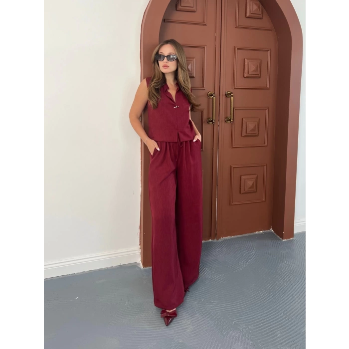 Broş Detaylı Keten Takım Bordo
