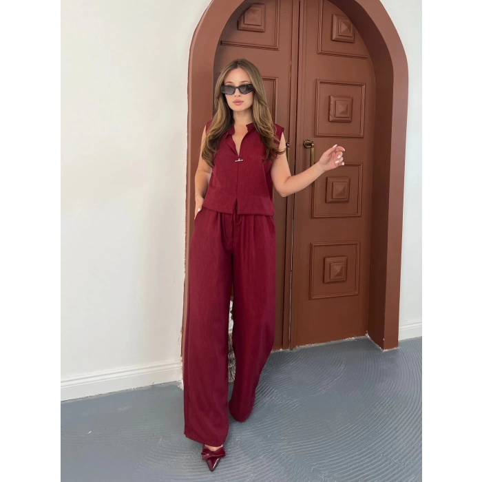 Broş Detaylı Keten Takım Bordo