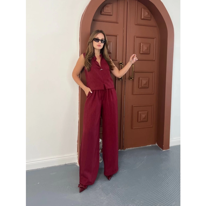 Broş Detaylı Keten Takım Bordo