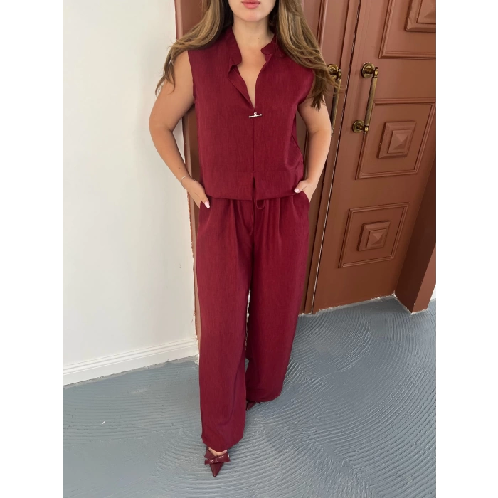 Broş Detaylı Keten Takım Bordo