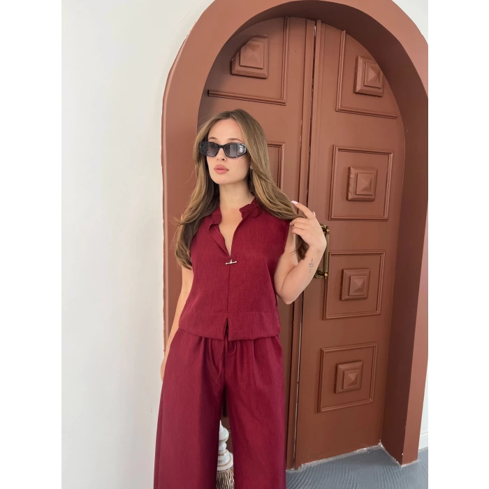 Broş Detaylı Keten Takım Bordo
