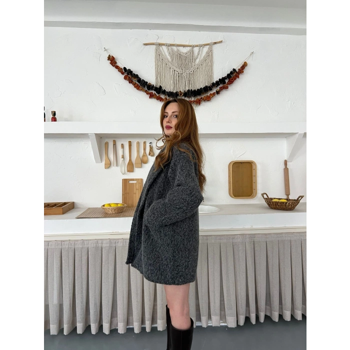 Buklet Dokulu Tek Düğme Detay Kaban Antrasit