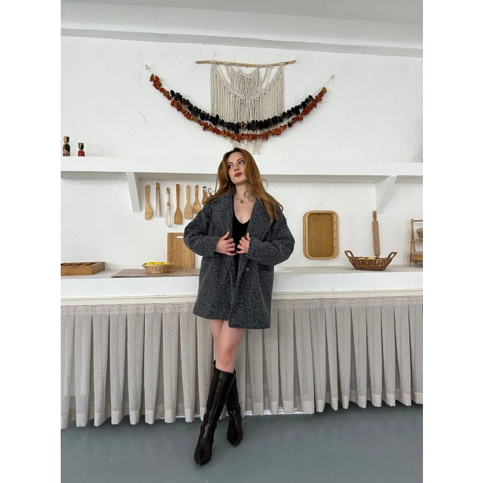 Buklet Dokulu Tek Düğme Detay Kaban Antrasit